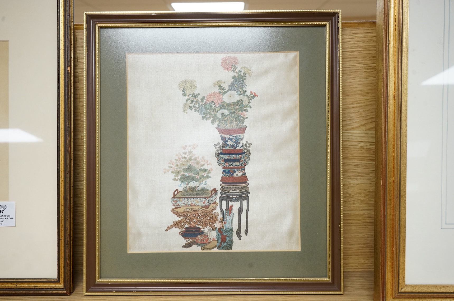 Chinese school, painting on silk, still life of flowers in a jardinière, 25 x 21cm